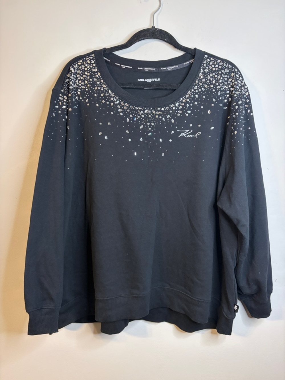Karl Lagerfeld Paris Rhinestone Embellished Logo Sweatshirt Black 2X EUC #271